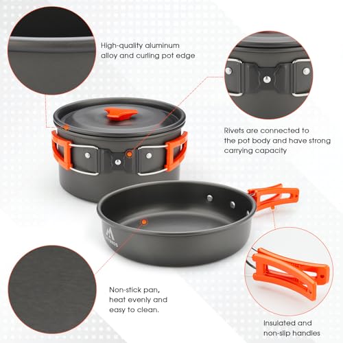 THTYBROS 17pcs Camping Cookware Mess Kit,for Camping,Backpacking,Picnic | 0.45Gal Pot,7inches Pan,0.30Gal Kettle Set with 2 set Stainless Steel Cups Plates Forks Knives Spoons,Pots, Pans & Griddles