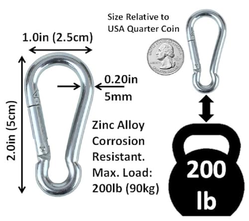 Black & Silver Zinc-Galvanized Heavy Duty Bushcraft Carabiner Spring Snap Clip Link Hooks 200-500lb Load 2, 6 & 12 Packs - color: 5cm (2.0in) Silver 2 Pack