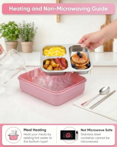 Stainless steel Lunch Box, 3-Compartment Metal Bento Box with Locking Lid, 25oz 304 Food-Grade Meal Prep Container for Work Lunch, Office Commute, Outdoor Picnic - color: Pink