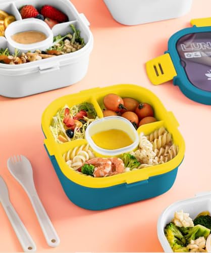 Salad Dinner Container - 58 oz Bowl with 4 Compartment Tray and 1 Removable,Sauce Box,Reusable Knife and Fork, Multi-scenario Usage Leak-Proof Food Storage, Outdoor Picnic Helper, Women,Men Gift