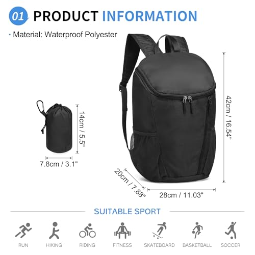 Hiking Backpack 20L Foldable Daypack for Men Women Nylon Black | Packable Backpack for Men Women, Small Foldable Day Pack Waterproof for Travel Camping Mountaineering - color: Black