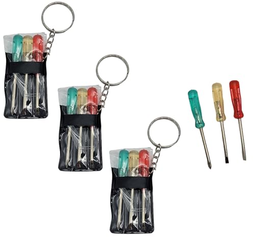 Mini Screwdriver Set Keychain with 3 Tools (12 Packs) (2.5") Miniature Metal Key Chains Includes 2 Flathead and 1 Crossing Screwdrivers in a Portable Pouch