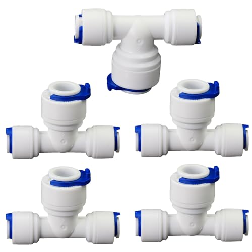 1/4" to 3/8" to 1/4" Push-Fit Tee, 5 Pcs | Plastic push-to-connect fitting for RO water filtration, pre-purifier, refrigerator & coffee maker. - style: 1/4" to 3/8" to 1/4" Push-to-Connect Tee Reducer