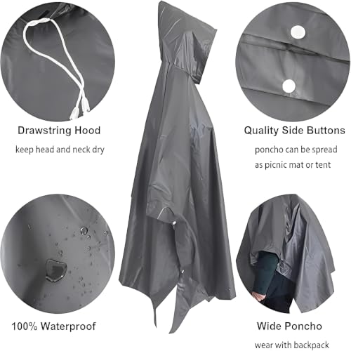UPSEN Rain Ponchos for Adults, 2 Pcs Reusable Raincoats Coats Jackets Emergency for Women Men with Hood - color: 1 Grey+1 Green