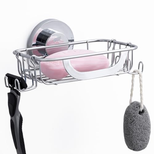 TAILI Soap Holder, Soap Dish Suction Cup with Hooks, Stainless Steel,Silver | Soap Dish for Shower, Bathroom Bar soap holder Shower Wall, Stainless Steel Sponge Holder for Tub Kitchen - color: Light Silver
