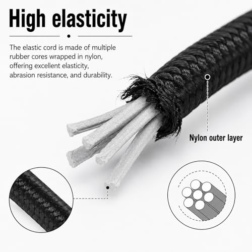 3/32 Inch Black Nylon Bungee Cord 2.5mm 32.8 Ft Heavy Duty Elastic Shock Cord Stretch String Rope for DIY Craft Sewing Camping Luggage Tie Downs Outdoor Use
