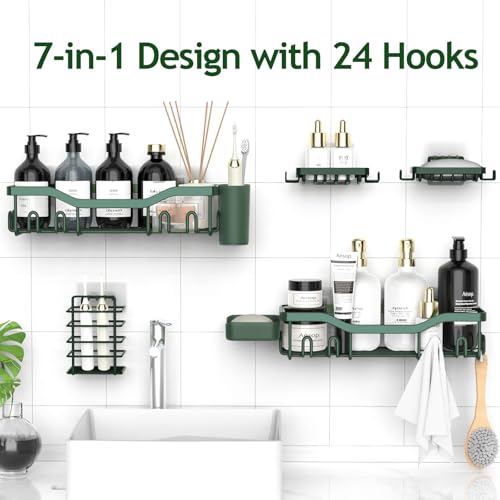 NESOMI Shower Caddy Adhesive Shower Organizer 7-Pack, Rustproof Stainless Steel Bathroom Shelves, Large Capacity No-Drill Rack Storage Accessories with Soap Dish Toothbrush Holder Hooks - color: Blackish Green, size: 7-Piece Set