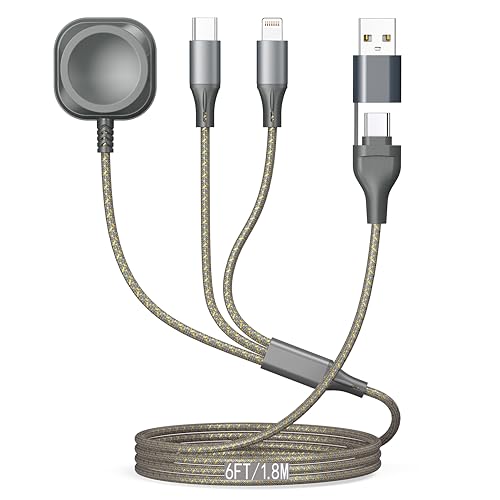 3 in 1 Multi Charging Cable for Apple Watch Charger Fast Charging Cable 6FT | Travel Charging Cords for Multiple Devices with iwatch USB-C Lightining Braided for iWatch Ultra/SE/11-2 iPhone17-5 Kindle - color: GreyGold-6ft