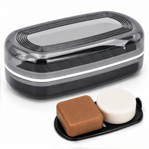 AIDIMMING Shampoo Bar Holder & Large Travel Soap Case with Drain Tray | Clear shampoo bar travel case for shampoo and conditioner bars or one 10 oz soap bar, with a removable drain tray (Black) - color: Black-large, size: Large