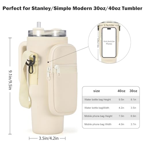 GOEWY Water Bottle Carrier Bag for Stanley Cup 40/30oz with Phone Pockets - color: Creamy, size: 30oz