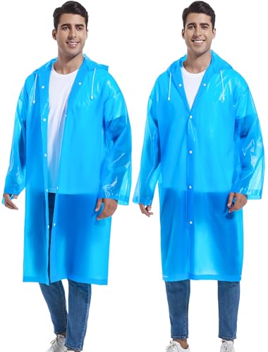 2-Pack Reusable Rain Ponchos for Adults, HOOMBOOM Raincoats Emergency for Women/Men with Drawstring and Sleeves - color: Blue