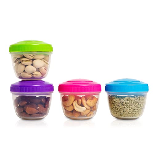 Snack Containers (4 Set) - 4.75 Oz Small Food Storage Cups with Lids - Fruit, Nuts, Sauce, Condiments & Salad Container for Lunch Box - Reusable Dessert Cups, Microwave & Freezer Friendly, BPA-free - color: 4.75 Ounce - Bright Colors