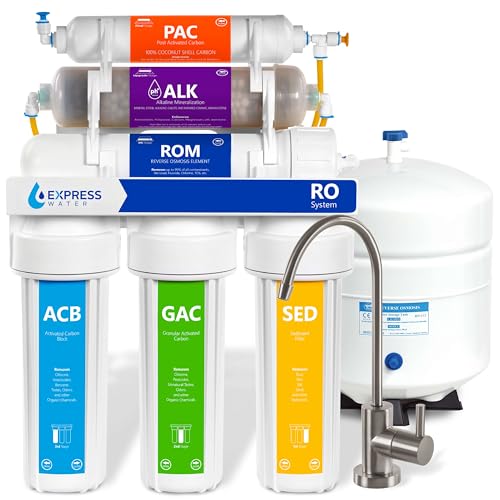 Express Water ROALK10MBN, 10-Stage Under Sink RO System, Alkaline, 100 GPD | NSF Certified 372 & 58, Brushed Nickel Faucet, Reduces 99% of Impurities, BPA Free Materials, Leak Stop Detector - color: Brushed Nickel, style: 10 Stage, Alkaline