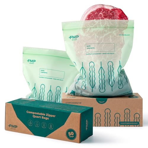 Fit Meal Prep 50 Pack 100% Compostable Food Storage Bags, 7 x 8" Resealable Freezer Bags Quart Size for Meat, Fruits, Plant-Based Sandwich Bag, ASTM D6400, US BPI & EU OK Compost Certified - style: Quart