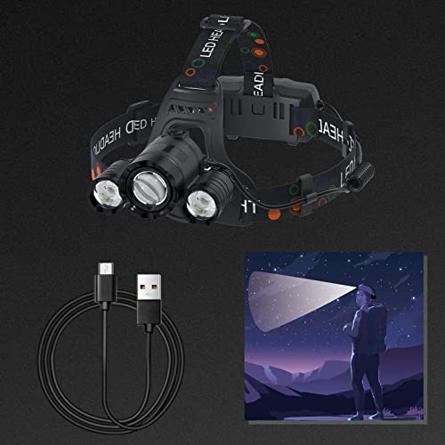 LED Headlamp Rechargeable, 6000 Lumens Super Bright Head Lamp, USB Rechargeable Headlight Flashlight with 3 LED Lights, 4 Modes, Zoomable, 90° Adjustable, Hiking, Hunting, Running, Fishing - color: Black