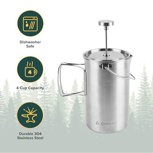 Coghlan's Stainless Steel French Press Coffee Maker – 4-Cup (32 oz), Campfire & Stovetop Safe, Portable & Durable – Fine Mesh Filter, Folding Handle, Dishwasher Safe – For Camping, Home, or Travel