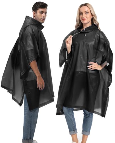 Reusable Rain Ponchos with Drawstring Hood for Adults, Waterproof Thicken Rain Coat, 2 Packs - color: Black & Grass Green