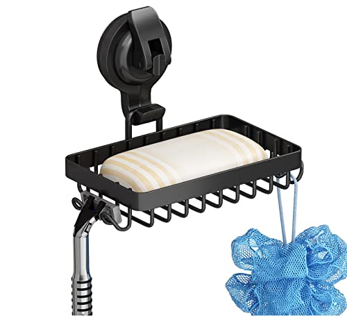 Soap Holder Shower, Suction Cup Soap Dish for Shower with 4 Hooks, 304 Stainless Steel, Black - color: Black