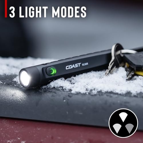Coast KL50R 400 Lumen USB-C Rechargeble LED Pocket Flashlight, Mini-Flood & Fixed, Hat-Clip, IP54 Water Resistant