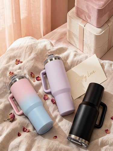 40oz Travel Tumbler with Handle and Straw, Water Bottle with Carrier Bag - color: Pink/blue