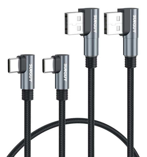 SUNGUY Right Angle USB C Cable Short 1.5FT, 2Pack Dual 90 Degree USB A to USB C Cable for Gaming, Switch, Tight Spaces, Type C Fast Charging Cable Braided for iPhone 17/16/15, Quest 2, Samsung - size: 1.6FT