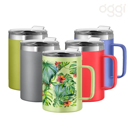 OGGI ThermoMug Stainless Steel Insulated Mug- Double Wall Vacuum Insulated w/Handle & Lid, Coffee Cup, Camping Mug, Travel Thermos, 14oz(420ml), Tropical - color: Tropical, size: 14 Ounces