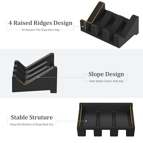 Silicone Soap Dish,3PCS Self Draining Soap Holder for Shower,Black | Self draining silicone soap dish with drainage,waterfall design keeps bar soap dry,extended soap holder for shower,bathroom - color: 3*black