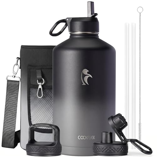 Coolflask 128 oz Gallon Water Bottle Insulated with Straw & 3 Leakproof Lid | Large Water Jug Stainless Steel Triple-Wall, Cold 48+h/Hot 24+h, Dishwasher Safe, BPA-Free, for Outdoor Gym & Hiking - color: Piano Night, size: 128 Ounces