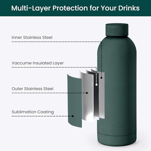 NOBL Stainless Steel Water Bottle, 17 Oz Leak Proof Thermos, Forest Green | Double Wall Vacuum Insulation Keeps Drinks Cold 24 Hrs, Hot 12 Hrs, Sealed, 500 Ml, Fits Carry-on Cup Holder - color: Forest Green