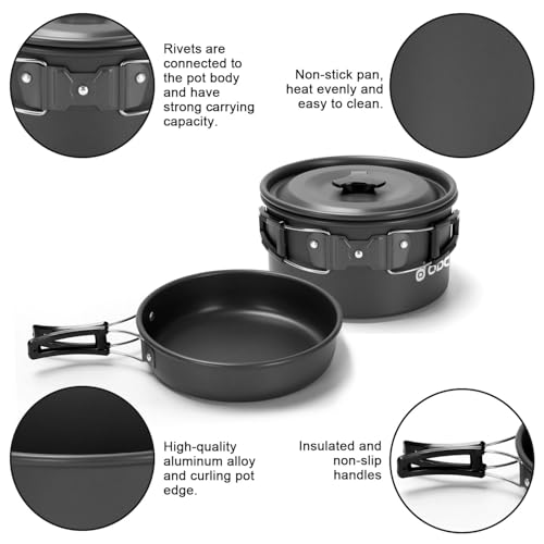 Odoland 15pcs Camping Cookware Mess Kit, Lightweight Pot Pan Kettle Set | Anodized aluminum, for hiking, outdoor cooking and picnic, 1.9L pot 0.8L kettle 0.86L pan mess kit, little compact pot set - style: Black