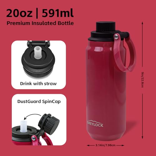 Greylock 20 oz Insulated Water Bottle with Straw Lid, Reusable Stainless Steel Sports Water Bottles with Foldable Handle, Leak Proof, Double-Wall Vacuum Insulation, 24 Hours Cold(Raspberry Ridge) - color: Raspberry Ridge, size: 20 Ounces