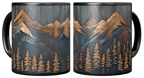 Mountains and Forest Trees Coffee Mug – One Mug, Full Wrap Design (Not Textured) – Outdoorsy Gift for Nature Lovers, Hikers, Campers & Rustic Cabin Decor – 11oz Black Ceramic Cup - size: 11 Ounces