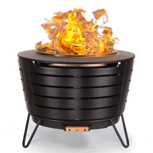 TIKI Patio Smokeless Fire Pit, 25 in Wood Burning Fire Pit with Cover | Black, 25-Inch, Stainless Steel, Wood-Burning, For Backyards and Patios, Includes Cover, Removable Ash Pan, Stand Included - style: Patio (25")