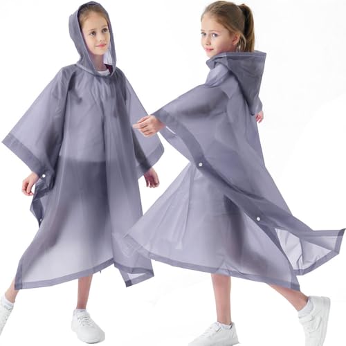 2 Pack Raincoats for Kids, Kids Rain Jacket Reusable Rain Ponchos for Boys and Girls - color: Grey