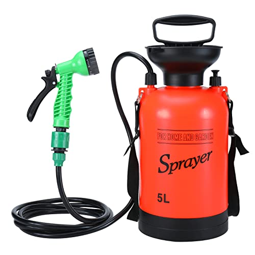 SearQ Portable Camping Shower with 7 Spray Modes, Hand Press Shower with Removable Hose and Head, Pressure Rinse Kit for Hiking, Traveling, Garden, Beach, Pet