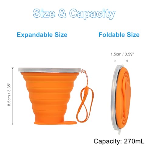 PATIKIL Collapsible Travel Cup, 2 Pack 270mL Travel Folding Cup with Lid Silicone Portable Drinking Cup for Traveling Camping, Orange - color: Orange