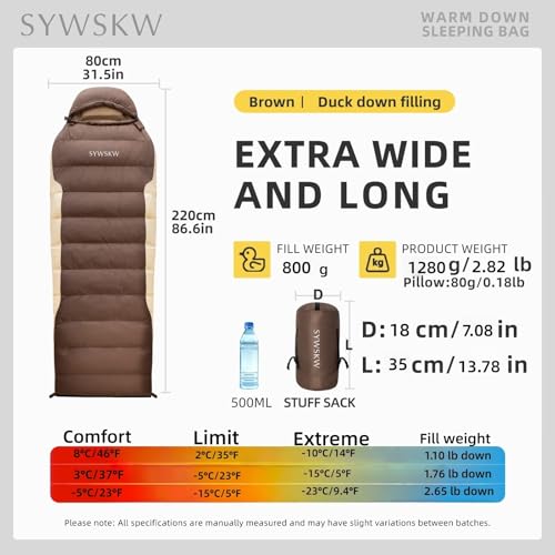 Ultralight Down Sleeping Bag with Pillow,15°F 32°F 46°F Sleeping Bag for Women,Men,Youth Backpacking,Hiking and Camping Outdoor with 680FP Duck Down - color: Coffee, size: 800g down filling