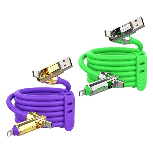 MFish 2-Pack 240W 4-in-1 Multi Charging Cable, Purple+Green, 6.6FT | Carrying Case, USB-A & USB-C to USB-C/Lightning, For iPhone 17/16/15/14, MacBook, iPad, Laptop, Samsung S25/S24 - color: Purple+Green, size: 2-Pack 6.6FT