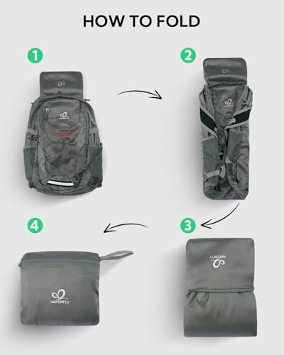WATERFLY Lightweight Packable Hiking Backpack, 30L Day Pack Grey | Foldable, Water Resistant Travel Daypack with Multiple Pockets, Wet Pocket, Ultralight Day Pack for Woman Man, Everyday Carry - color: Grey