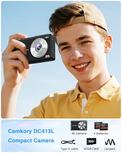 4K Digital Camera with Selfie Lens 64MP Compact Camera with 32GB Card Black | Vlogging Camera with Flash,16X Zoom Easy for Beginner. 2 Batteries for Instant use. Ideal Birthday, Party & Travel - color: Black