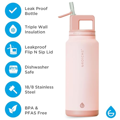 GROSCHE Alpine Flip N Sip Insulated Bottle with Straw Lid, Rose Pink, 40 oz - color: Rose Pink, size: 40 Ounces
