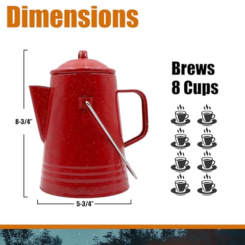 GRIP Coffee Percolator (Red) - Durable Glazed Enamel Steel - Prepare Coffee Over the Fire - Camping, Hiking, Backpacking, Fishing, Hunting - (8 Cups)