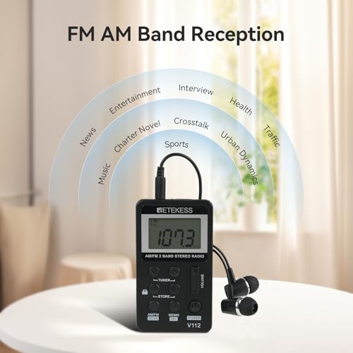 Retekess V112 AM FM Pocket Radio, Digital Radio with Earphone(Black) | for Walking, Jogging, Training,Rechargeable Battery, LCD Display - color: Black