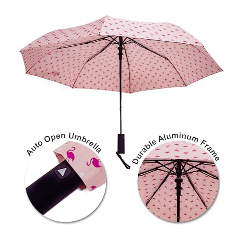 Nollia Compact Travel Umbrella with Auto Open – Windproof Folding Umbrella, Lightweight & Portable for Rain - color: Pink Flamingo