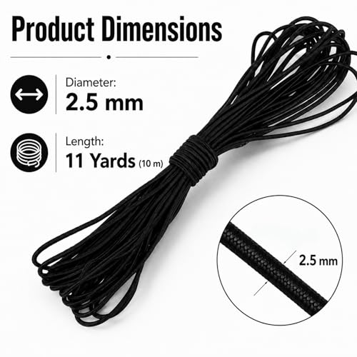 3/32 Inch Black Nylon Bungee Cord 2.5mm 32.8 Ft Heavy Duty Elastic Shock Cord Stretch String Rope for DIY Craft Sewing Camping Luggage Tie Downs Outdoor Use