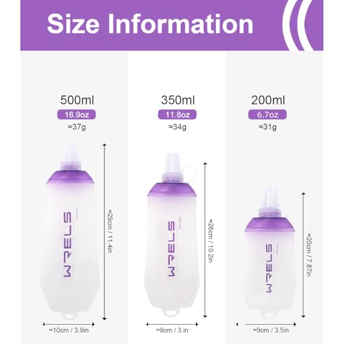 WRELS 200ml/350ml/500ml Collapsible Soft Flask,BPA Free Folding Soft Water Bottle with Hanging Ring,Lightweight TPU Hydration Flask for Running Marathon Cycling Hiking - color: Purple-500ml*1