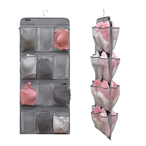 Dual Sided Hanging Shoe Organizer for Closet with Rotating Hanger Hanging Shoe Rack Holder with 24 Large Pockets (Grey-Mesh Pockets) - color: GREY-MESH