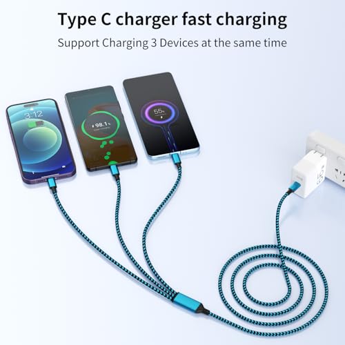 3 in 1 Multi Charging Cable Fast Charging 100W, USB C Cable 4FT 1Pack | Multiple iPhone Charger Cord for iPhone 17-12/Pad/Android/Tablets and More, Carplay Cable - color: Sky Blue&Black