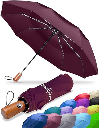 Raintrend Windproof Travel Umbrellas for Rain Automatic +10% Bigger Canopy Strong Frame Compact Folding Portable Umbrella for Women Men Backpack Purse - color: N Burgundy