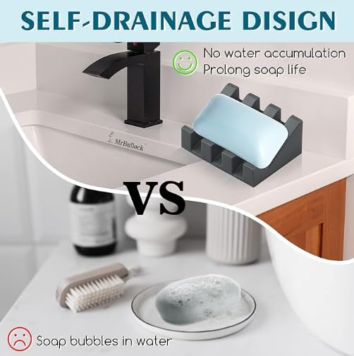 Silicone Soap Dish, Bar Soap Holder for Shower Bathroom, Kitchen, Bathtub, Self Draining Waterfall Drying Tray Keep Soap Bars Dry Clean & Easy Cleaning (Grey) - color: Grey